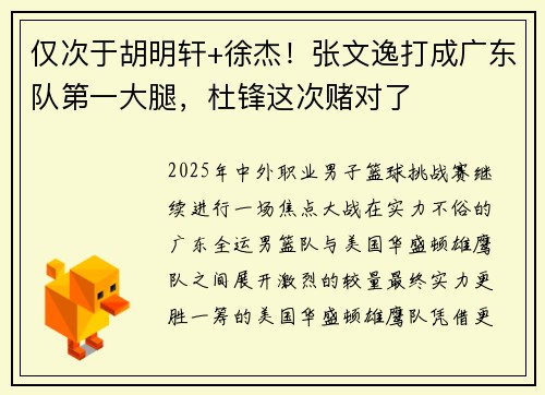 仅次于胡明轩+徐杰!张文逸打成广东队第一大腿,杜锋这次赌对了 仅次于胡明轩+徐杰!张文逸打成广东队第一大腿,杜锋这次赌对了